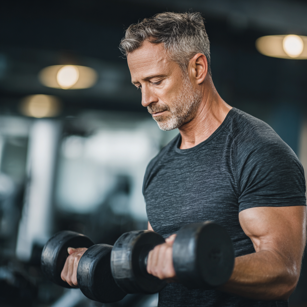 50 years old man exercising with dumbbells in modern gym facility