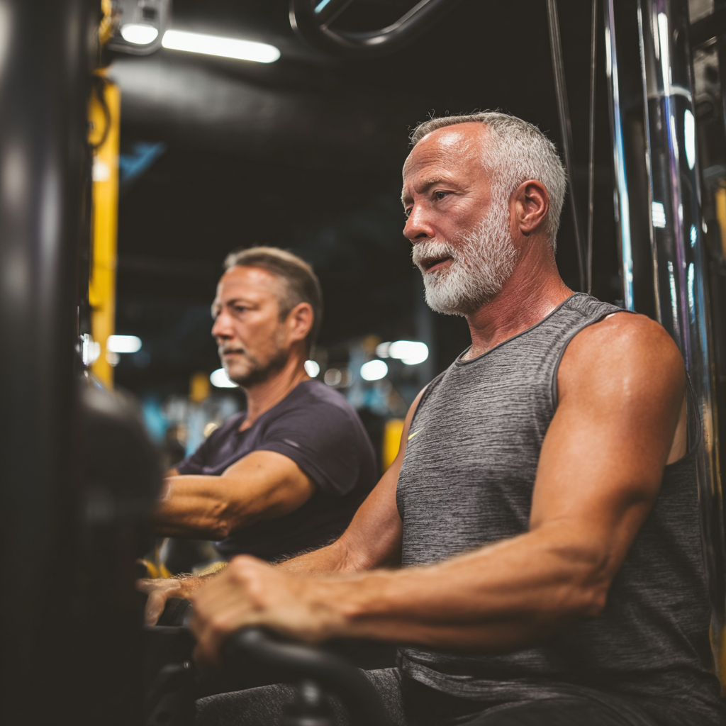 51 years old fitness trainers working with 50 years old adults in well-equipped gym