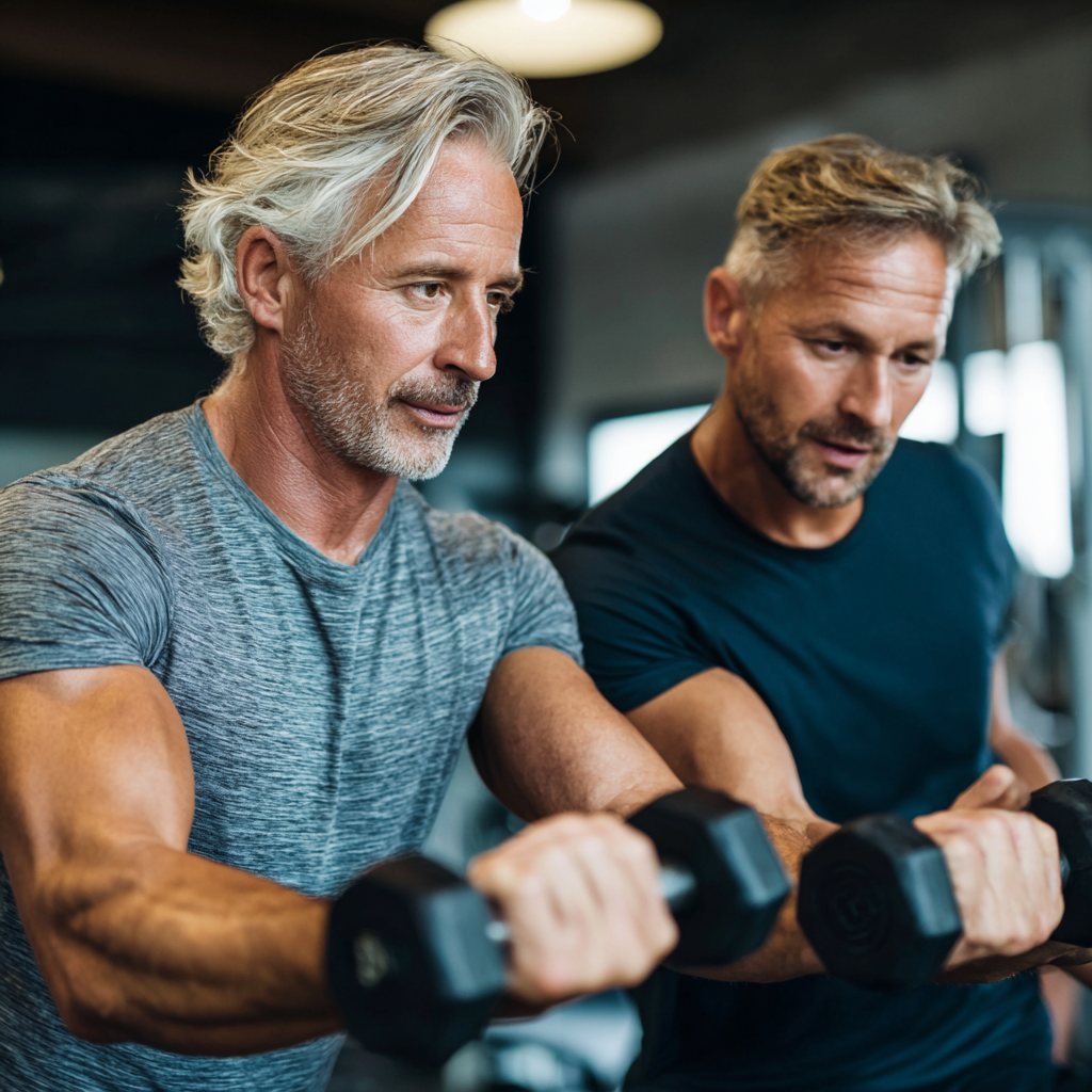 52 years old personal trainer guiding mature client through safe exercise routine